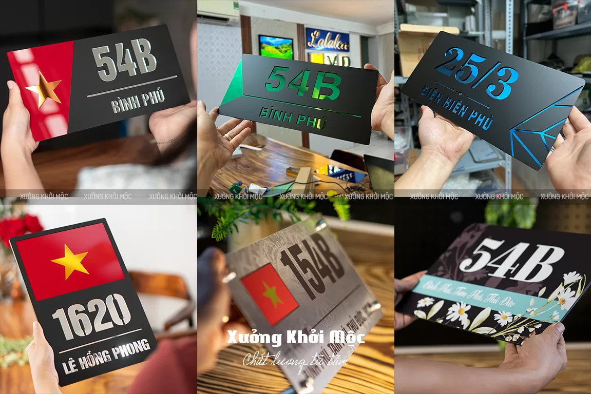 Bảng số nhà đẹp 2025 phong cách tối giản màu đen nhám vàng gương tại Xưởng Khởi Mộc