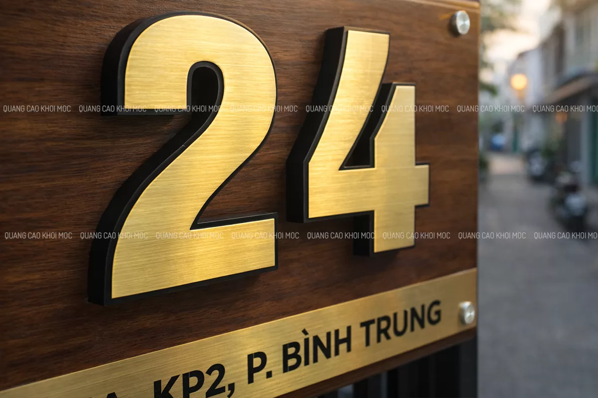 Biển số nhà gỗ số inox nổi 3D SNI04 – góc nghiêng thể hiện độ dày bảng