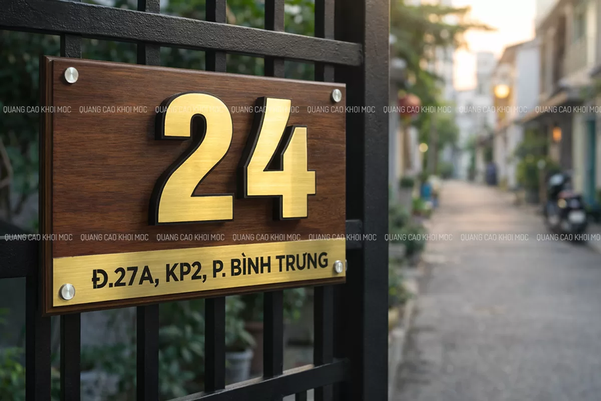 Biển số nhà gỗ SNI04 gắn thực tế trên cổng sắt nhà phố, số inox nổi khối 3D giúp nhận diện rõ từ ngoài hẻm. 
